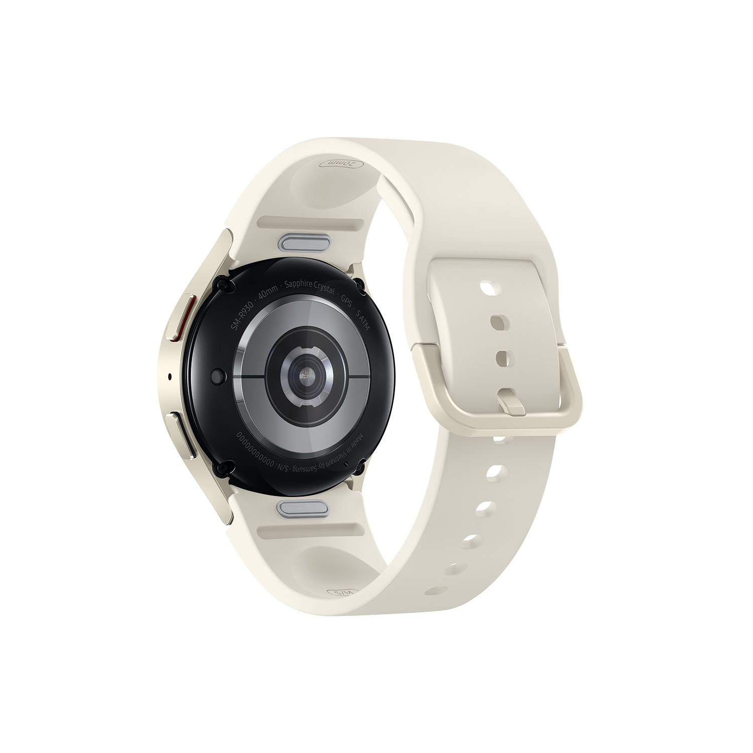 Vista trasera de un reloj inteligente plateado con una correa blanca.