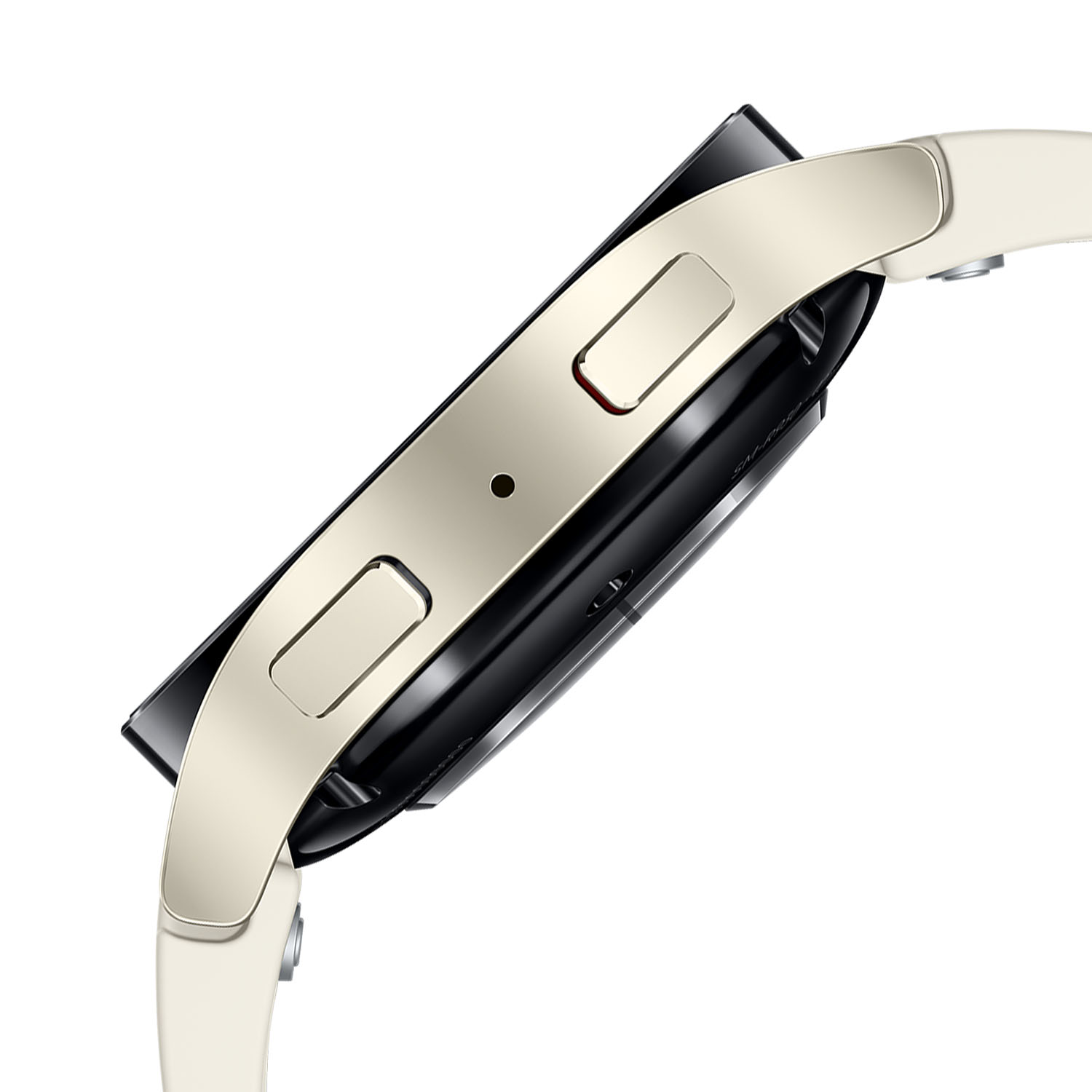 Primer plano de un reloj inteligente color crema con pantalla negra y correa blanca. Fondo blanco.