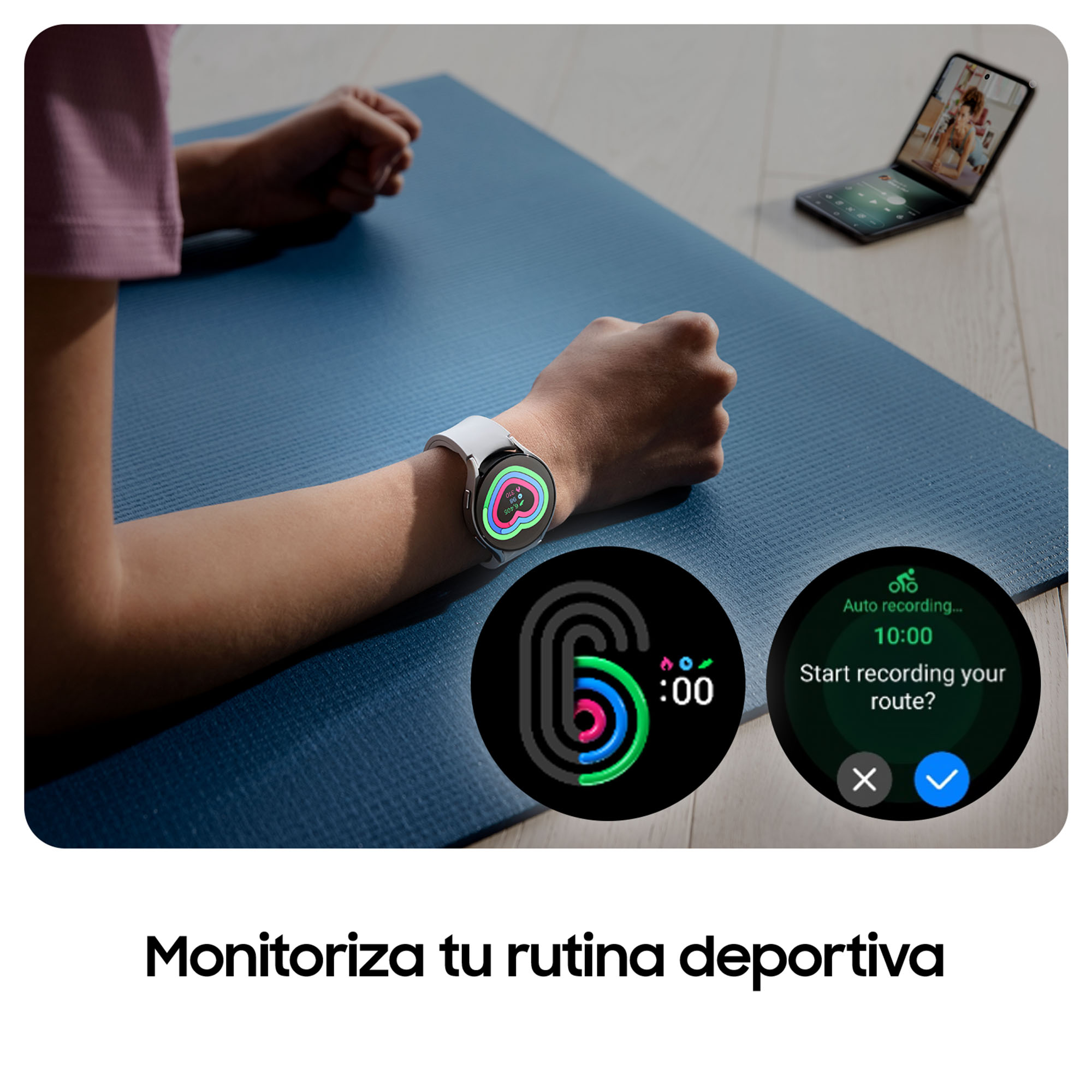 Persona usando smartwatch con datos de ejercicio, teléfono en el fondo.