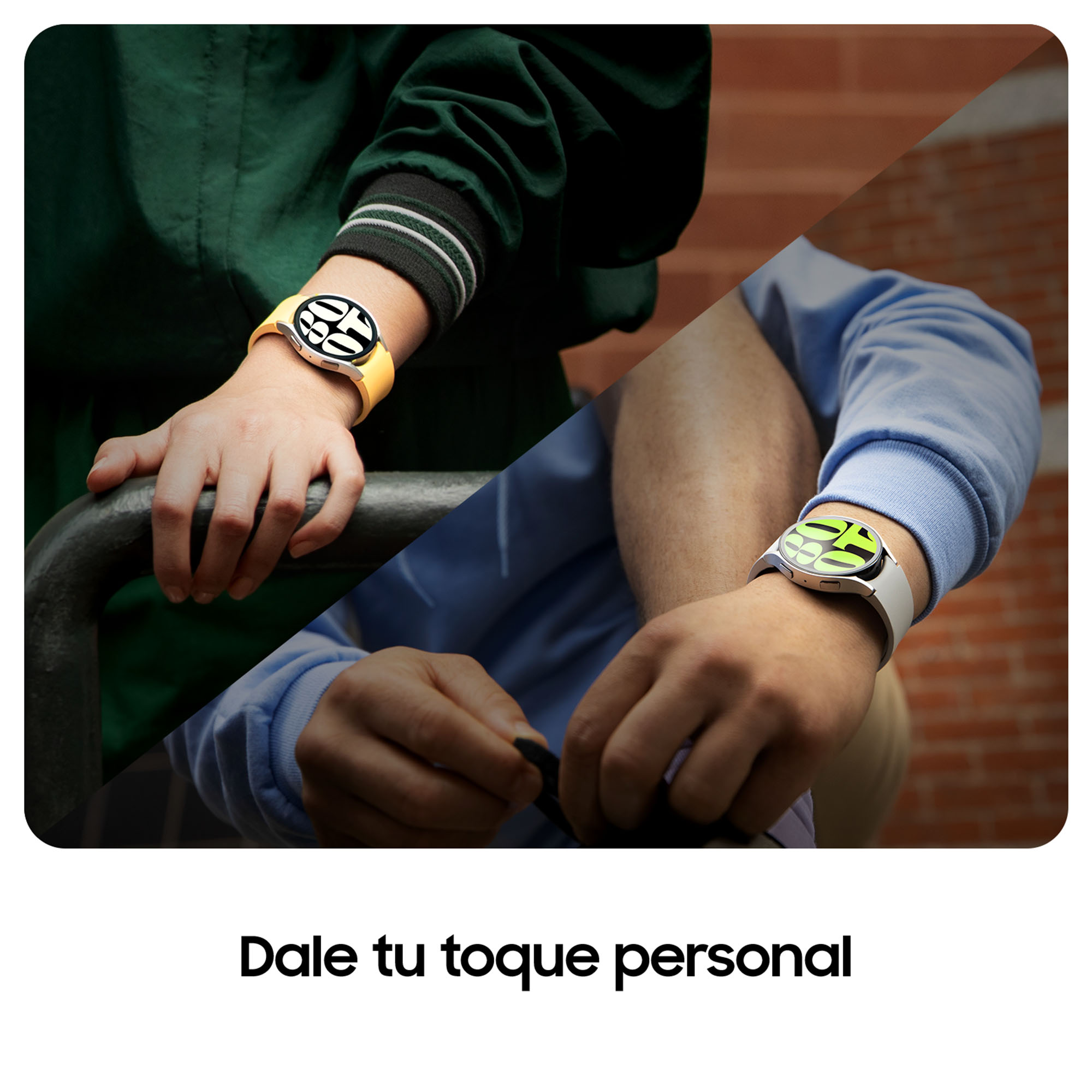 Dos personas con smartwatches en sus muñecas, correas amarillas y blancas.