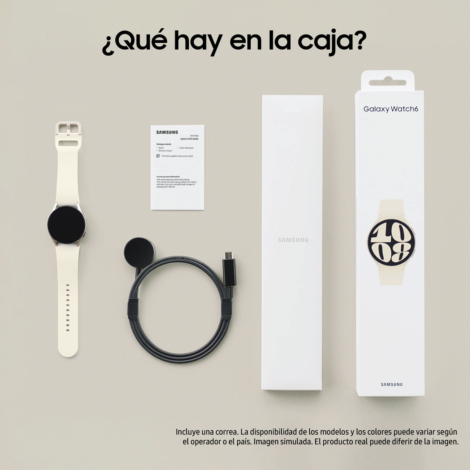 Galaxy Watch6 desempaquetado, con accesorios, sobre una superficie clara, vista desde arriba.