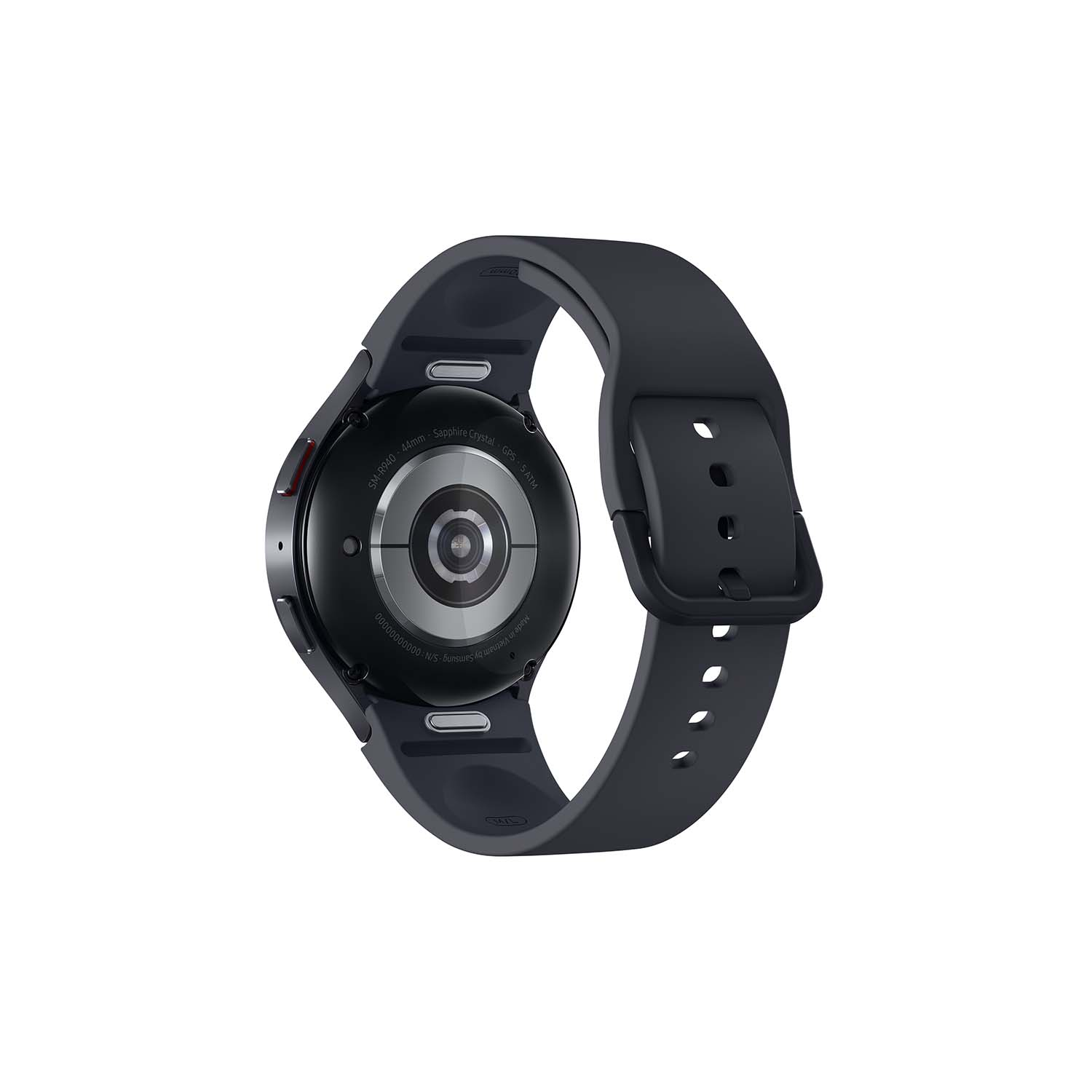 Vista trasera de un reloj inteligente negro con una correa gris oscuro.