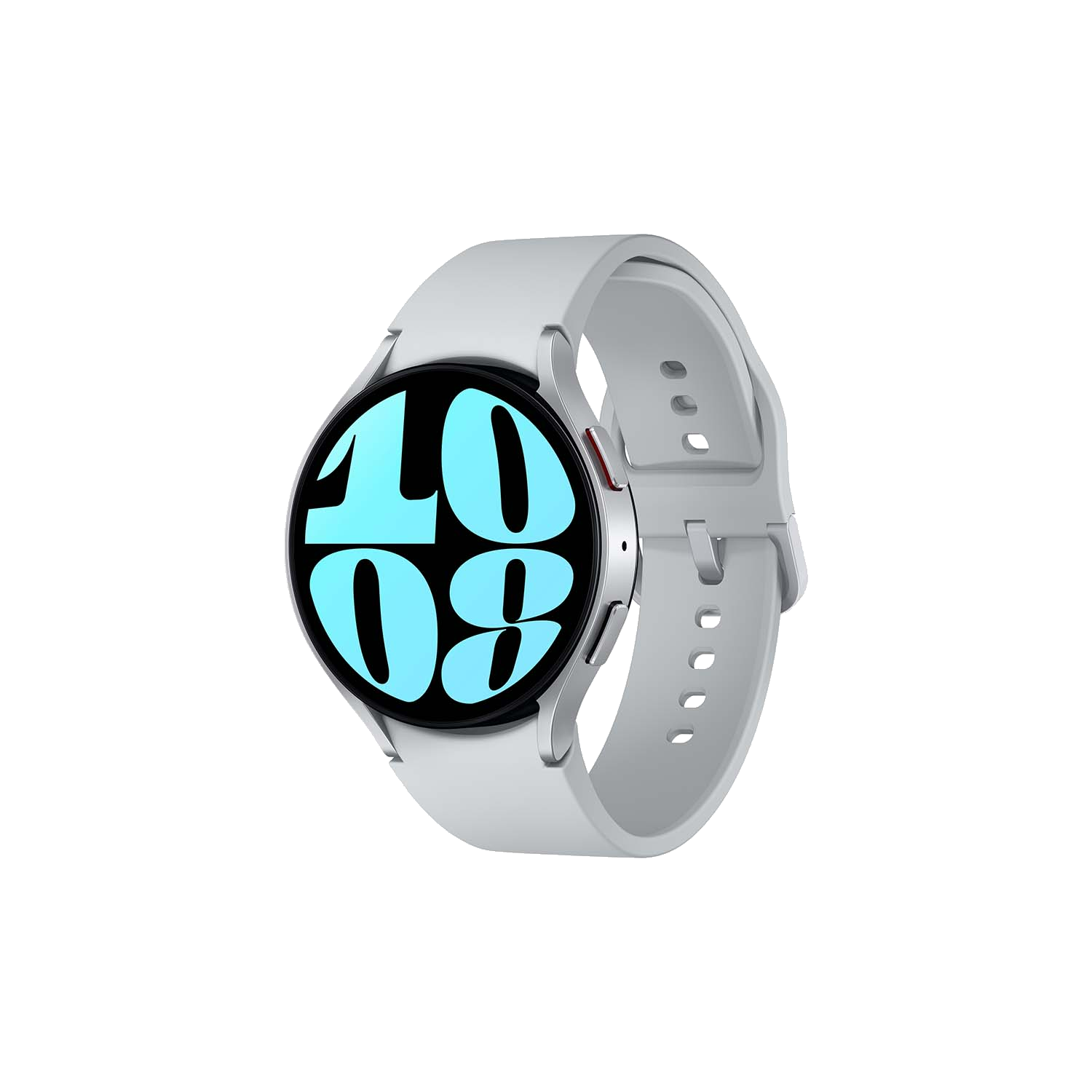 Un Samsung Galaxy Watch blanco. La hora en la esfera del reloj es 10:08.