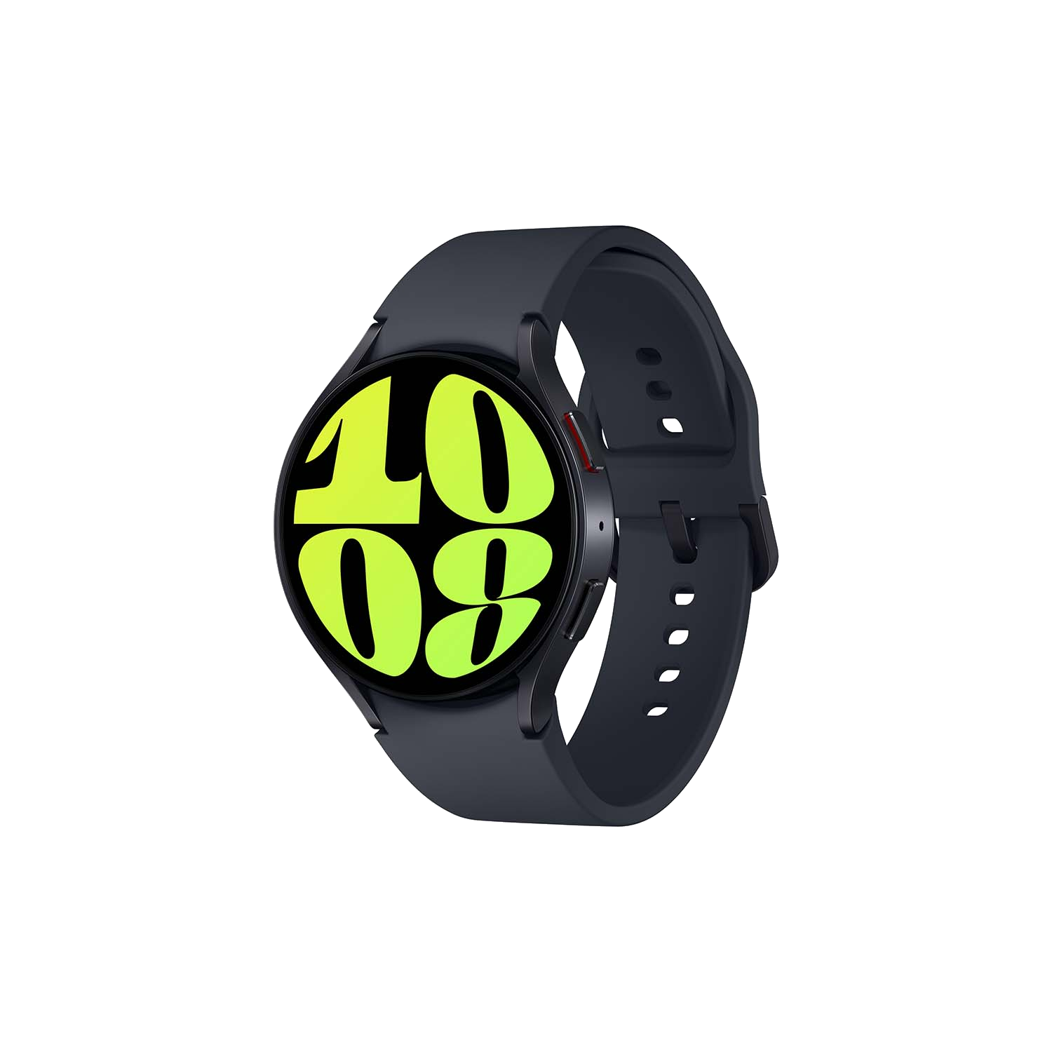 Smartwatch gris oscuro con pantalla negra que muestra la hora. Correa y marco gris oscuro.