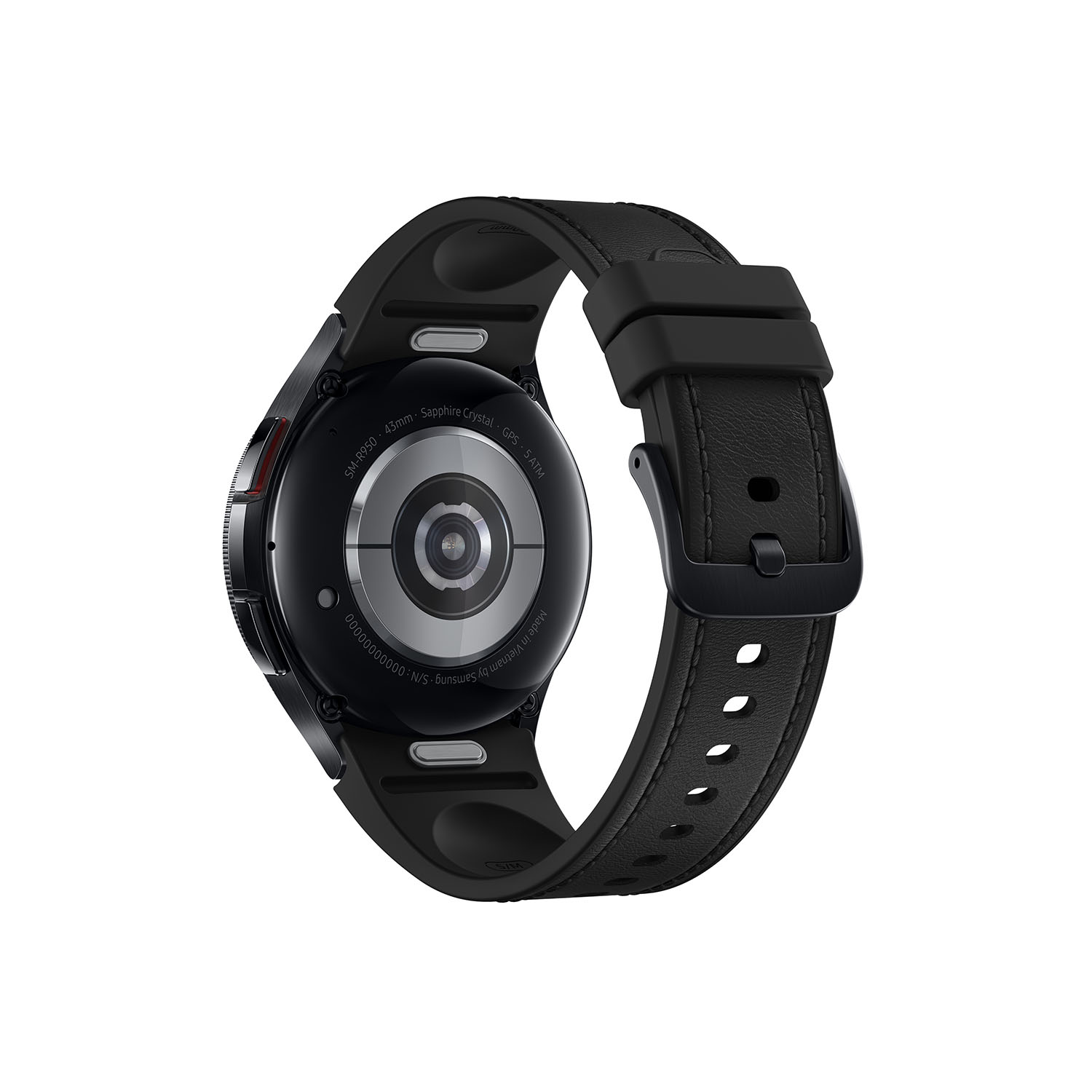 Smartwatch negra con correa de cuero negro. La parte trasera muestra detalles del reloj.
