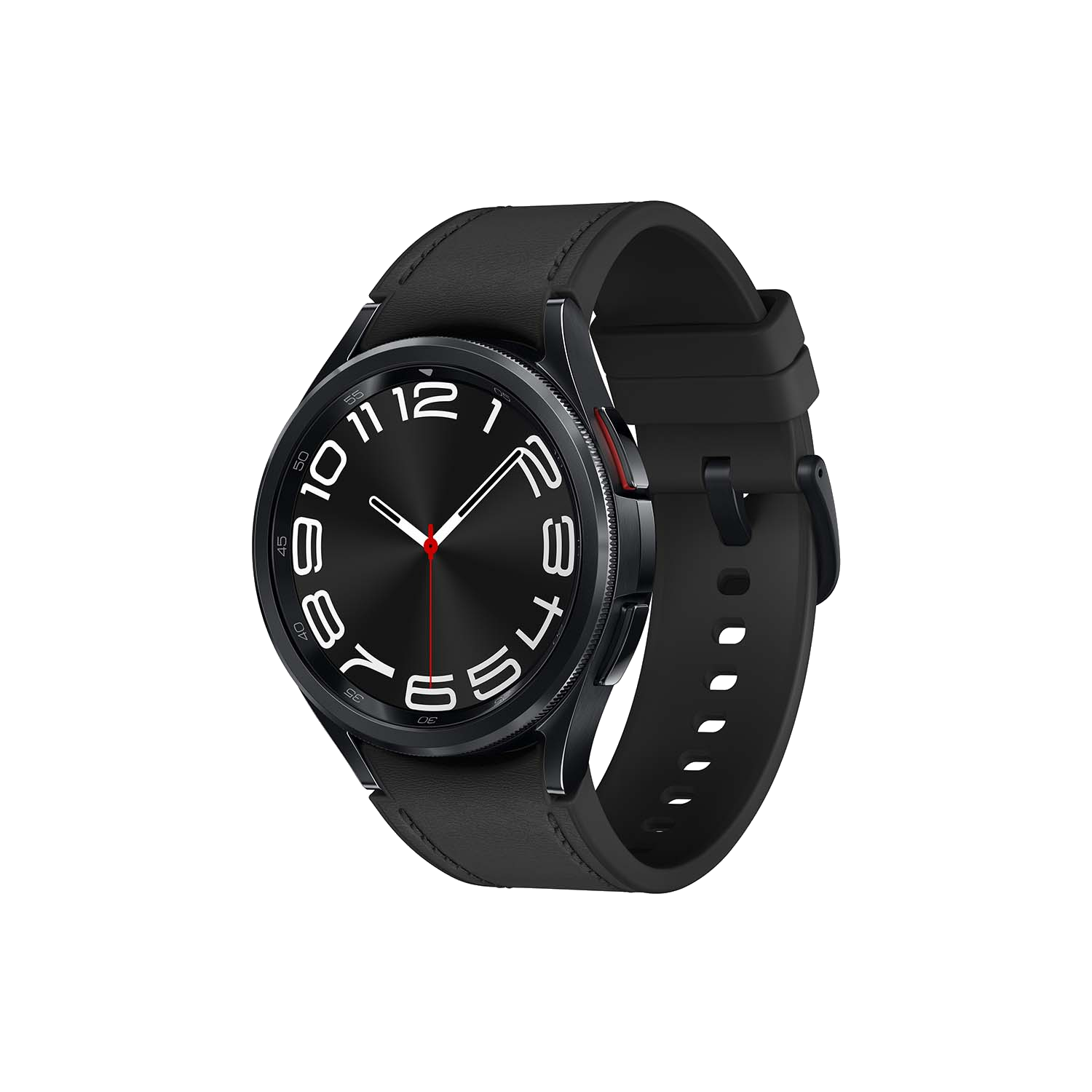 Un reloj inteligente negro con correa de cuero negro. La esfera del reloj es negra con detalles en blanco y rojo.