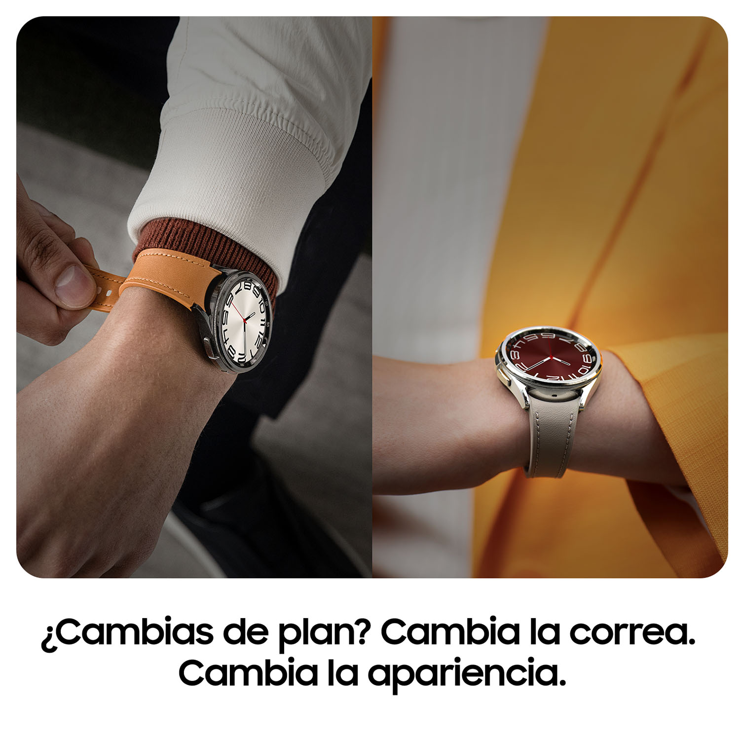 Primer plano de dos muñecas con smartwatches. Una tiene una correa marrón, la otra una roja.
