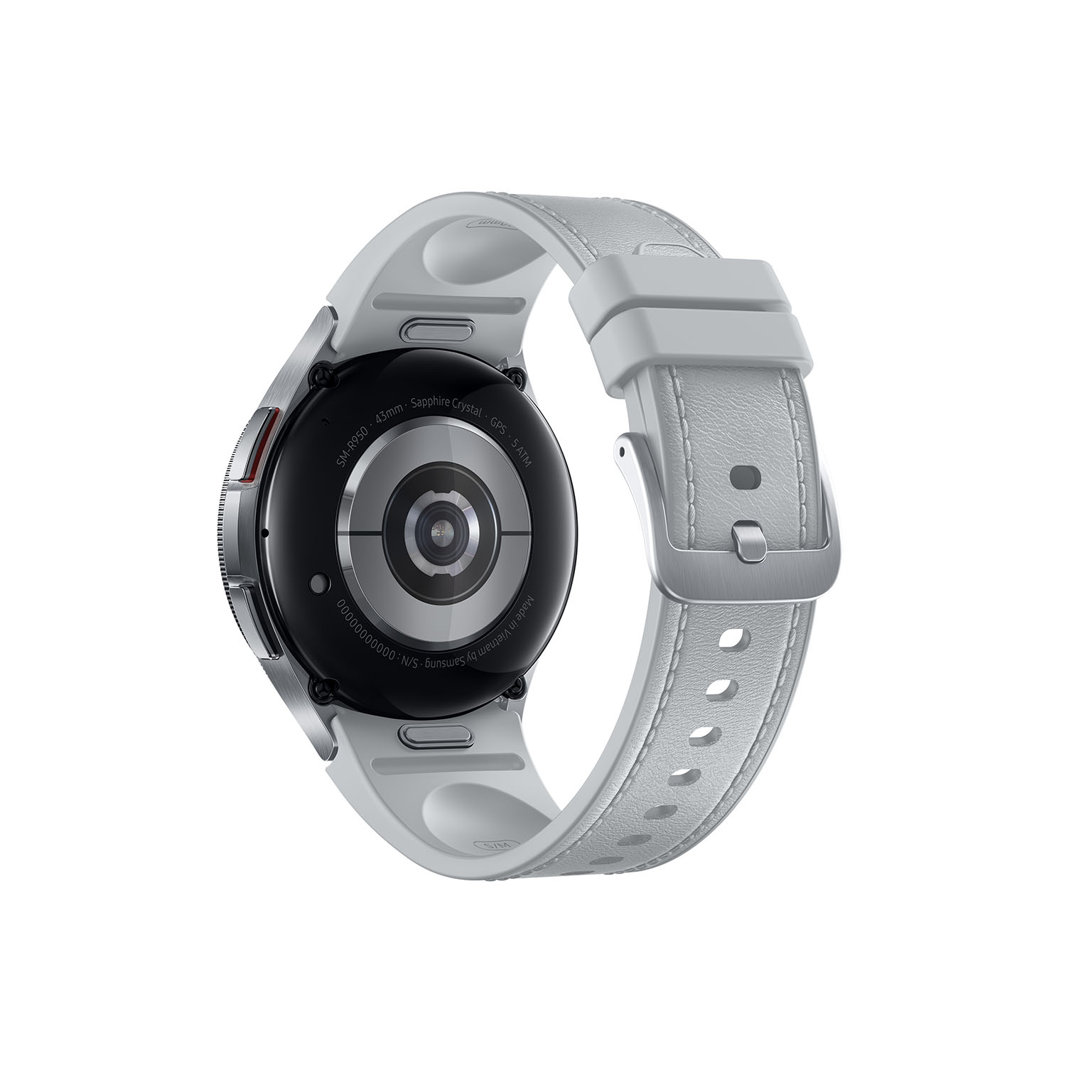 Reloj, vista trasera, con correa blanca.