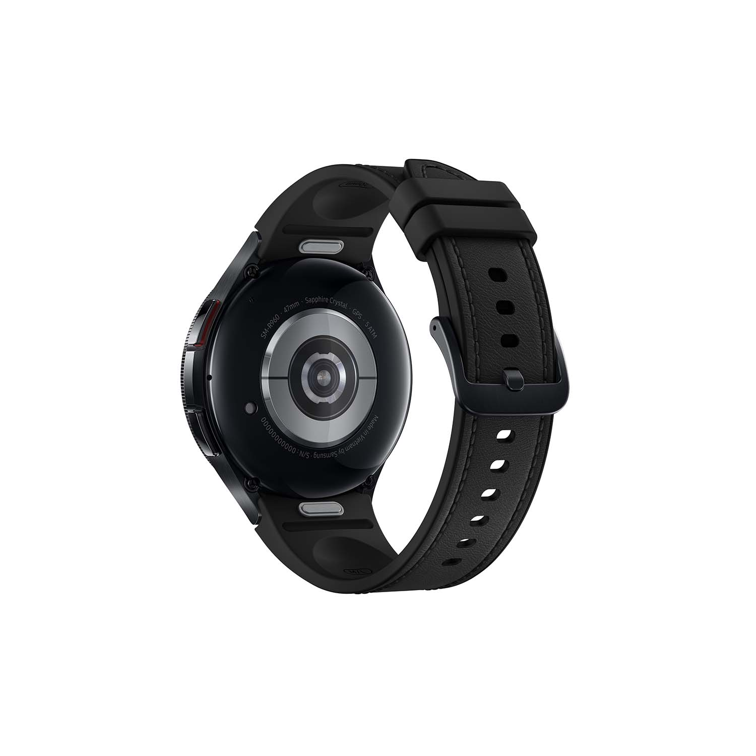 Parte trasera de un reloj inteligente negro con una correa de cuero negra.