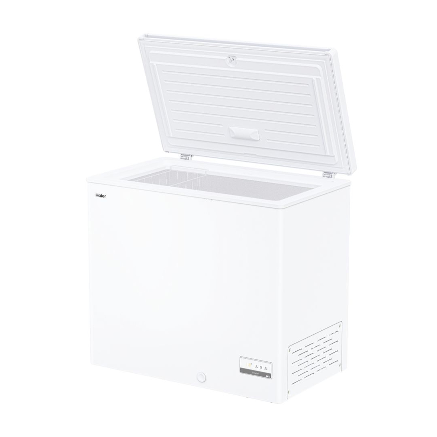 Congelatore a pozzetto bianco, porta aperta, interno visibile, logo Haier.