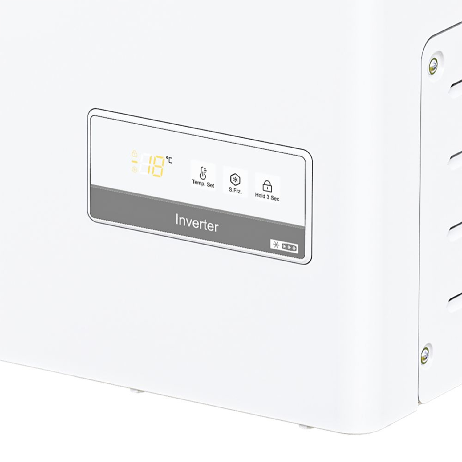 Primo piano del pannello di controllo dell'inverter su un congelatore bianco, che mostra temperatura e impostazioni.
