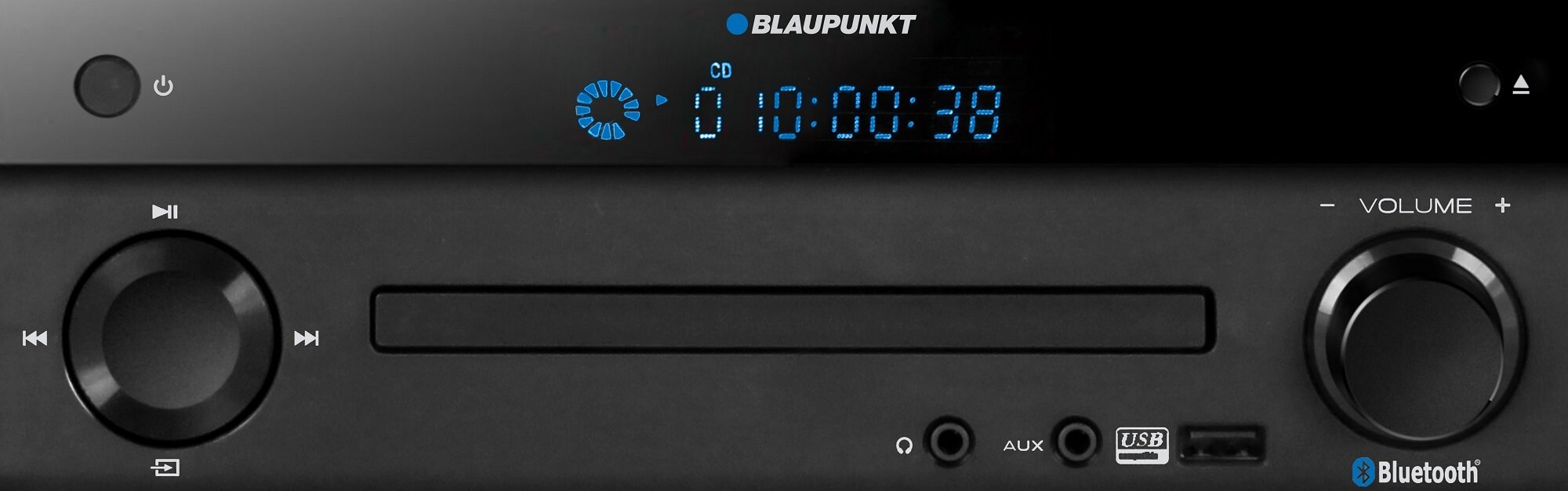 Czarny system stereo Blaupunkt, z przyciskami, wyświetlaczem i portem USB.