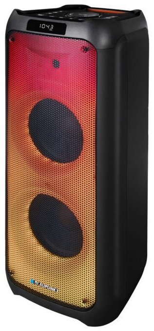 Czarny głośnik z dwoma dużymi głośnikami kołowymi i kolorowym przodem.