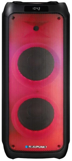 Czarny głośnik z czerwonymi i różowymi światłami. Głośnik ma dwa okrągłe obszary kratki. Logo Blaupunkt na dole.