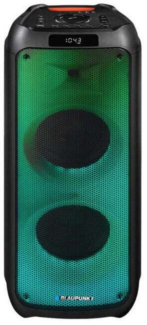 Czarny głośnik Blaupunkt z podświetlaną zieloną i niebieską kratką.