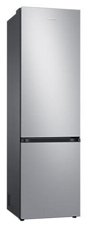 Srebrna lodówka Samsung na białym tle.