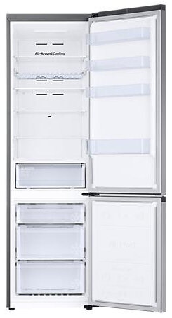 Otwarta lodówka z półkami, szufladami i zamrażarką. To nowoczesne, białe urządzenie.