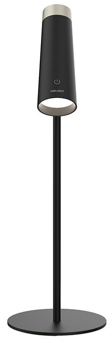 Czarna i srebrna lampa Yeelight, smukła konstrukcja z białym źródłem światła, na białym tle.