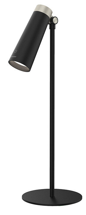 Czarna lampa biurkowa ze srebrną górą, na czarnej podstawie, odizolowana na białym tle.