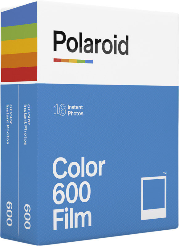 Pudełko filmu Polaroid Color 600 z nazwą marki i informacjami na niebieskim tle.