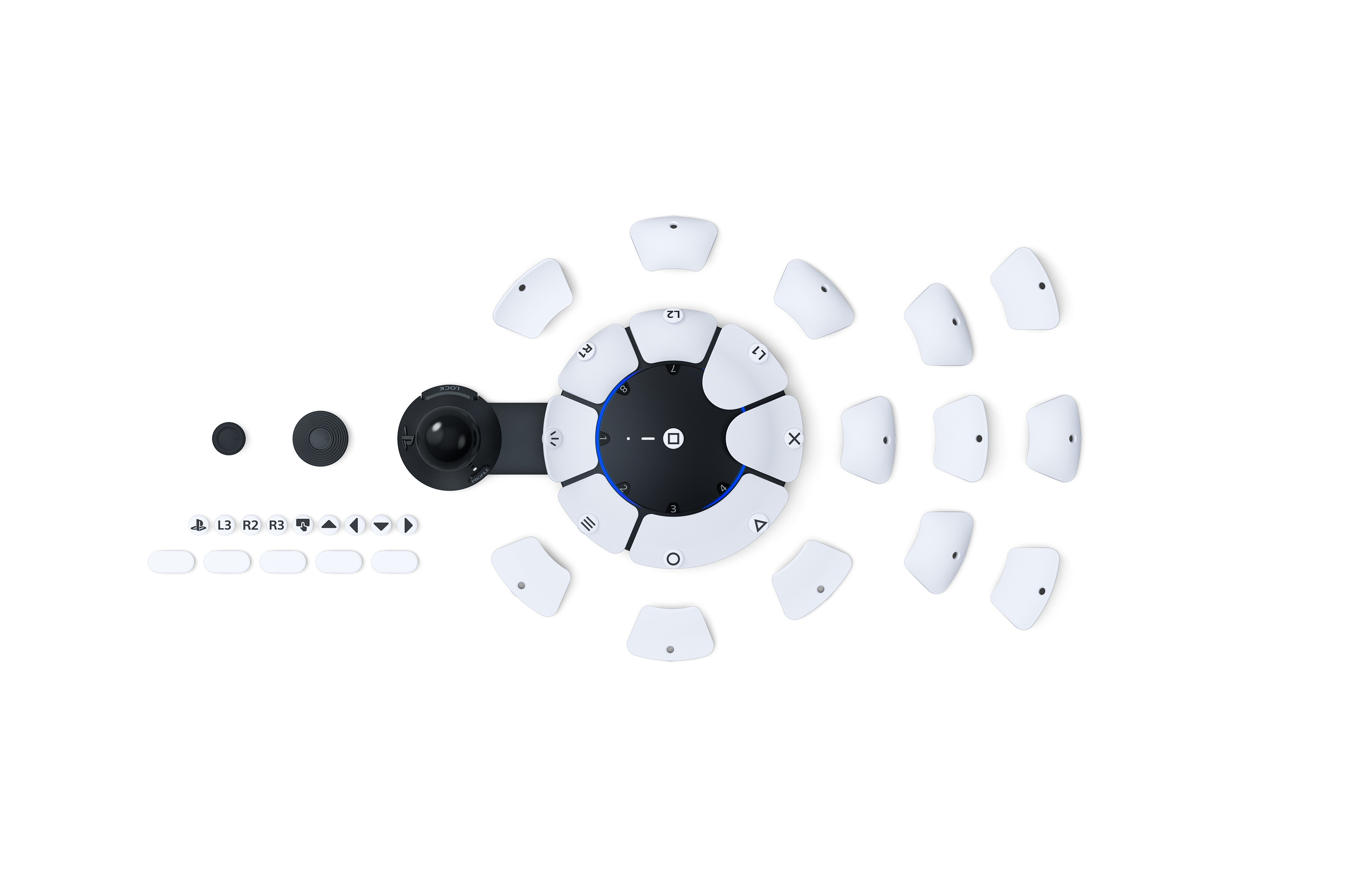 Kontroler PlayStation z wieloma przyciskami i centralnym joystickiem.