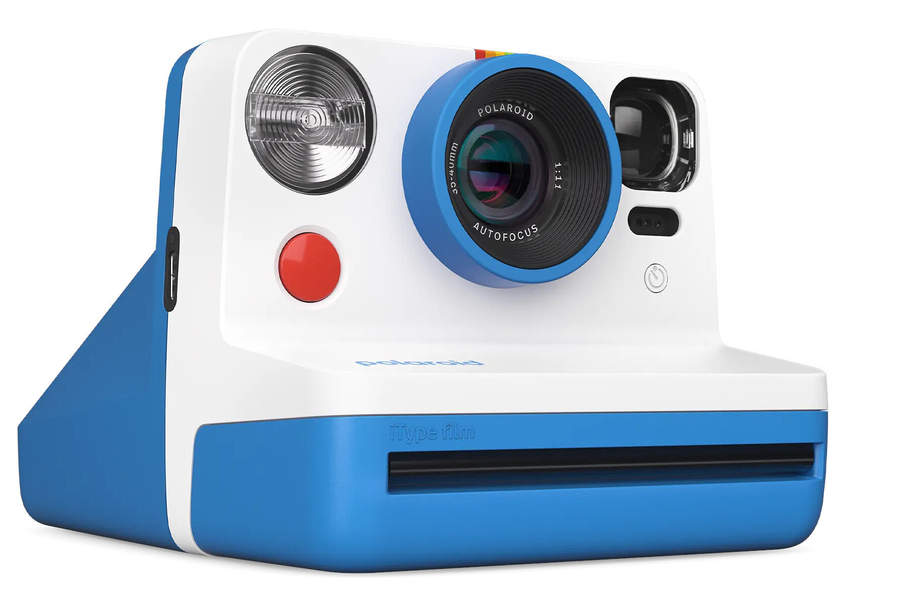 Niebiesko-biały aparat Polaroid z czerwonym przyciskiem i dużym obiektywem.