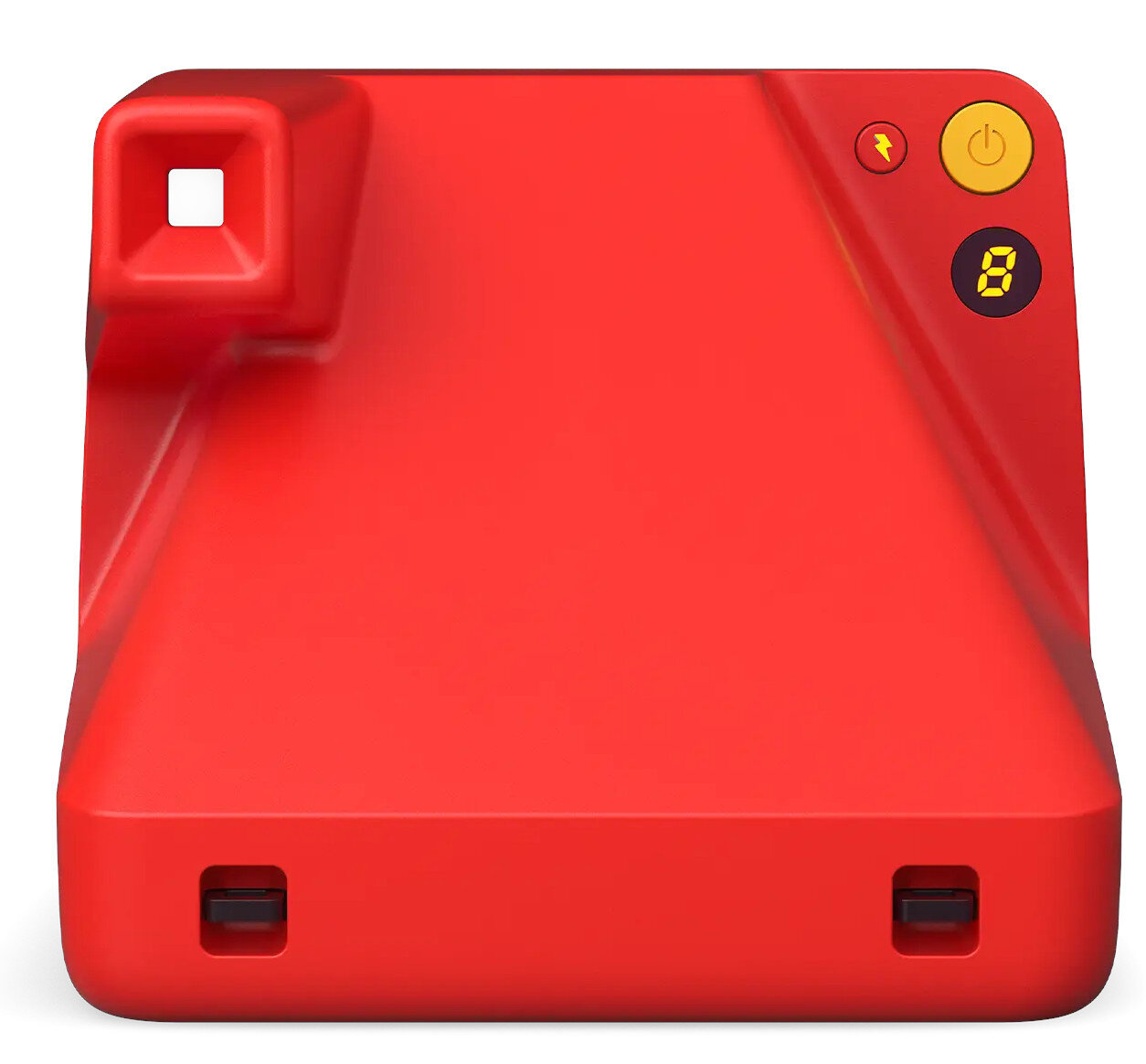 Czerwony aparat Polaroid z żółtym przyciskiem i cyfrowym wyświetlaczem z numerem 8.