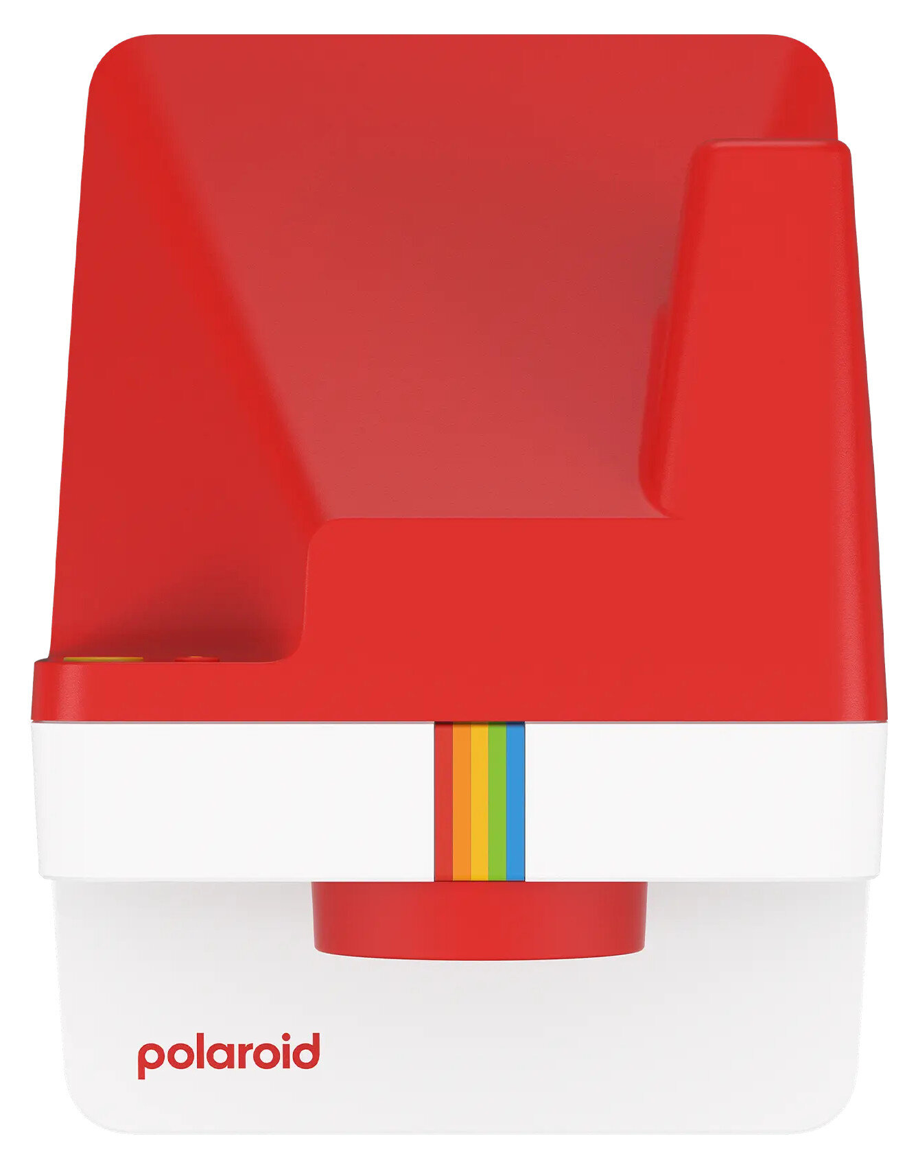 Czerwono-biały aparat Polaroid. Tęczowy pasek na dole.