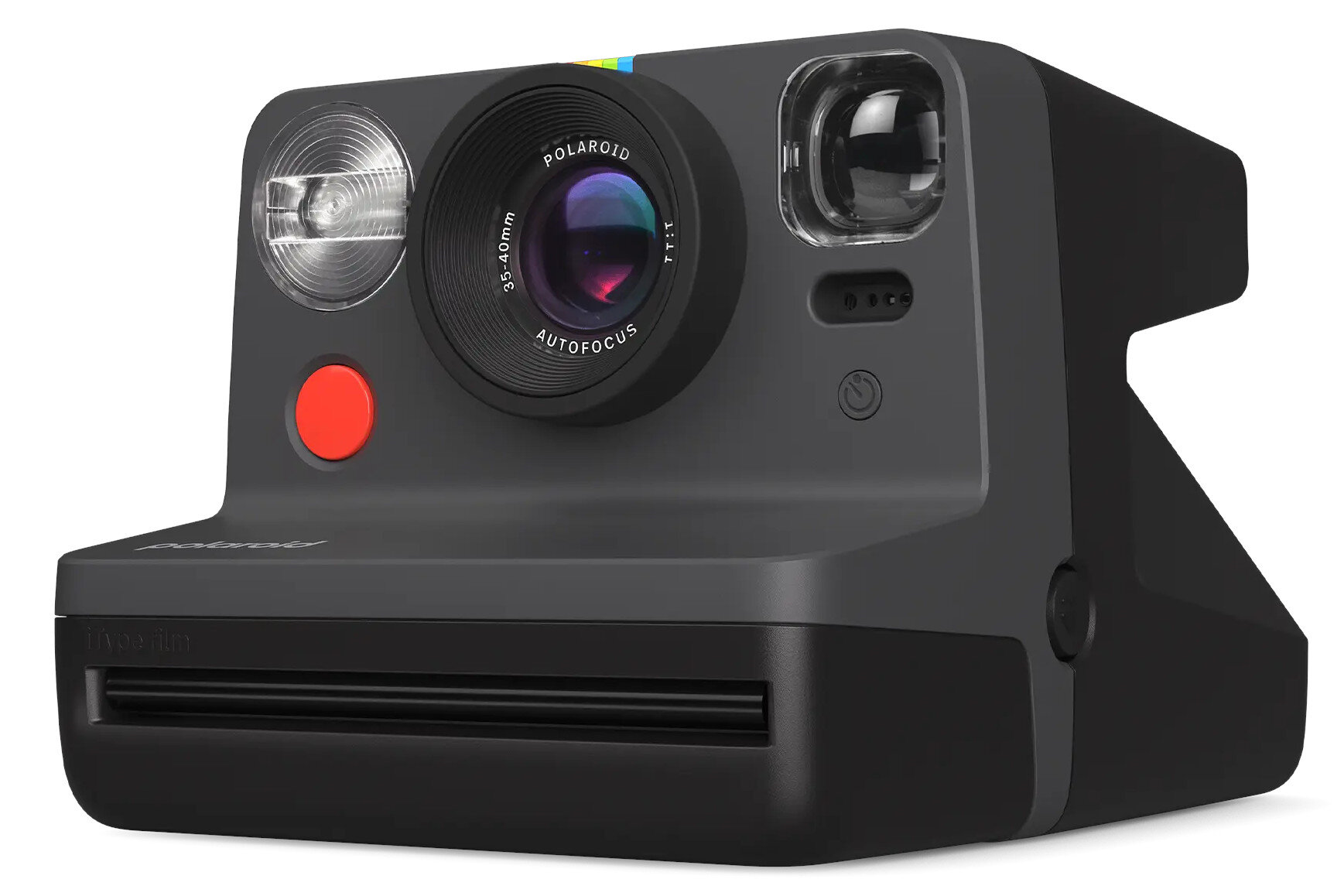 Aparat Polaroid. Czarny korpus, lampa błyskowa, czerwony przycisk i obiektyw z autofokusem.