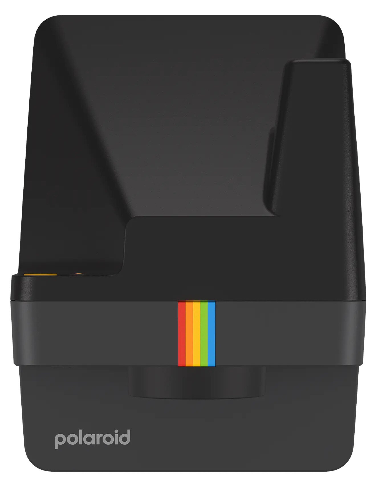 Czarny aparat Polaroid, tęczowy pasek, żółty przycisk i gniazdo na film od spodu.