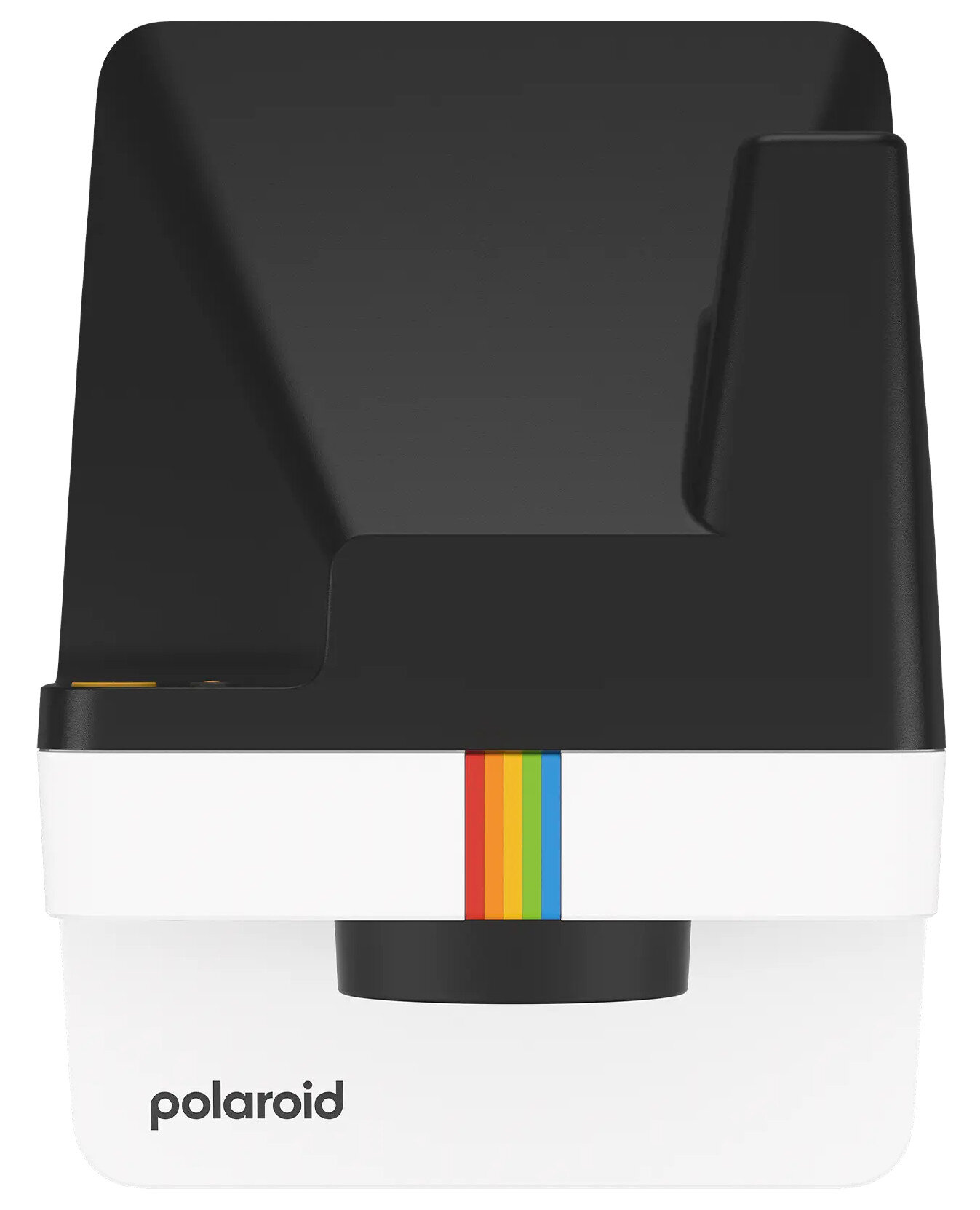 Aparat Polaroid, czarno-biały z tęczowym paskiem. Aparat stoi pionowo.