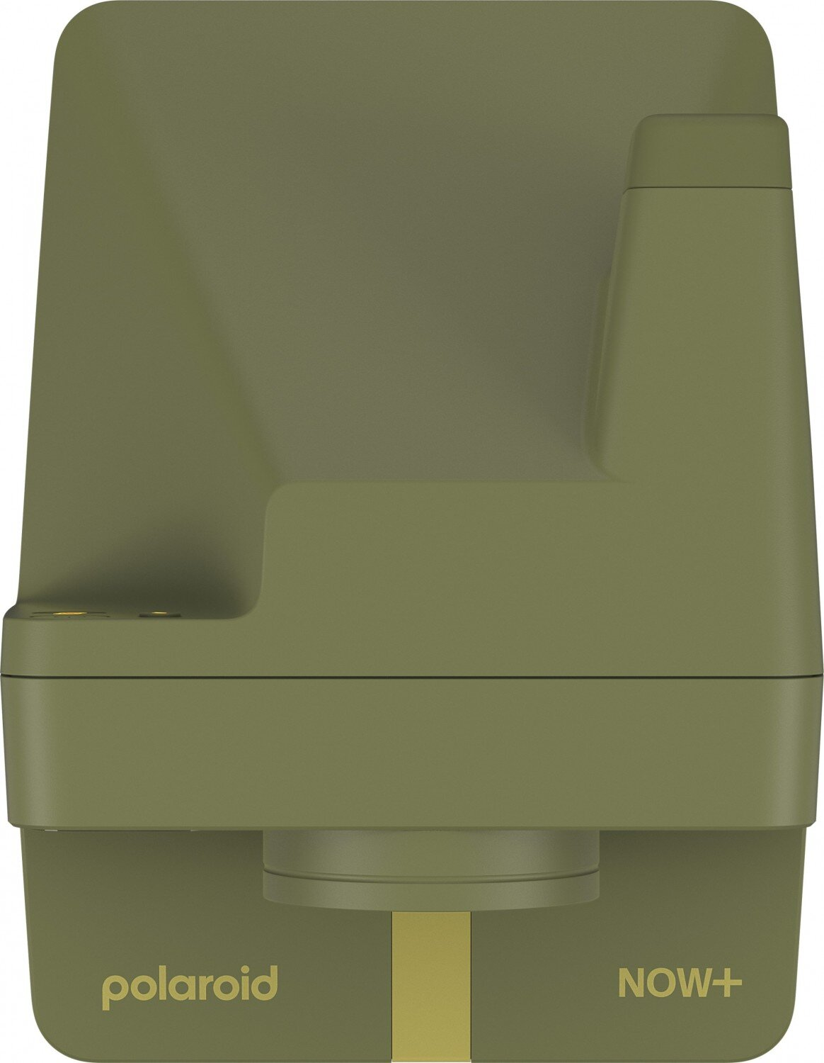 Zielona oliwkowa kamera Polaroid, widok z góry, ze złotymi akcentami i nazwą NOW+.