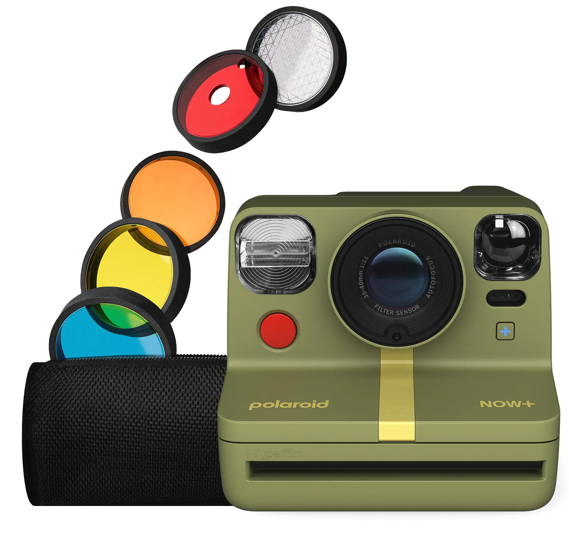 Zielony aparat Polaroid z zestawem kolorowych filtrów i czarnym etui.