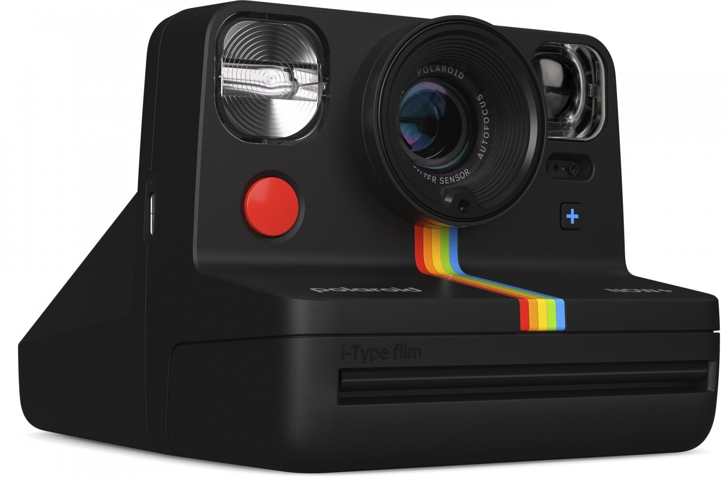 Czarny aparat Polaroid z czerwonym przyciskiem, tęczowym paskiem i białym tekstem.