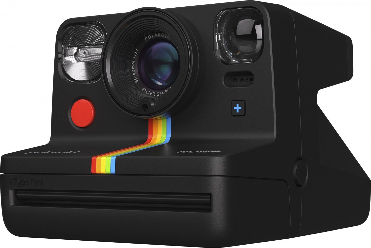 Czarny aparat Polaroid Now+ z tęczowym paskiem. Czerwony przycisk i obiektyw.