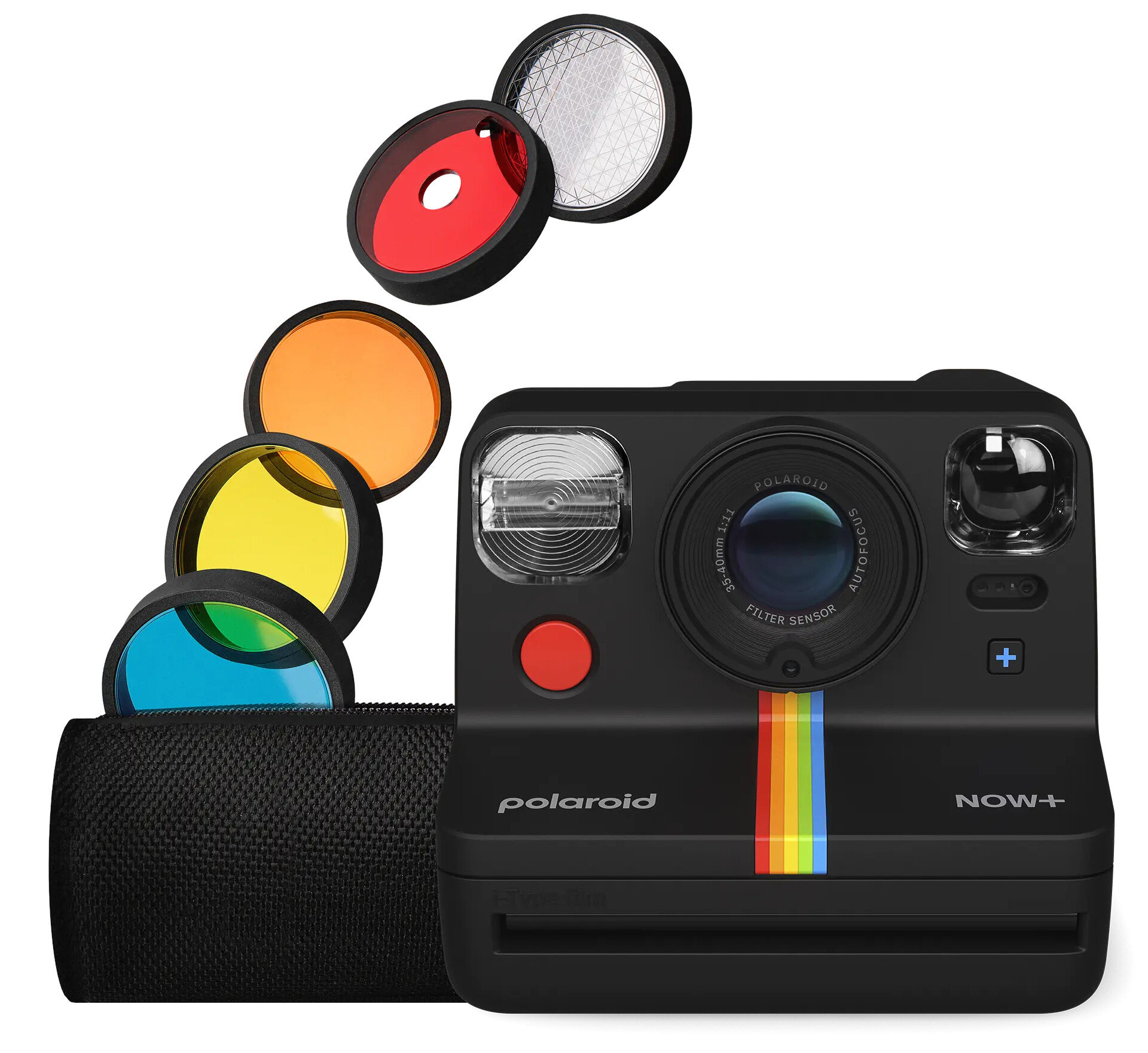 Czarny aparat polaroid z filtrami kolorów i etui.