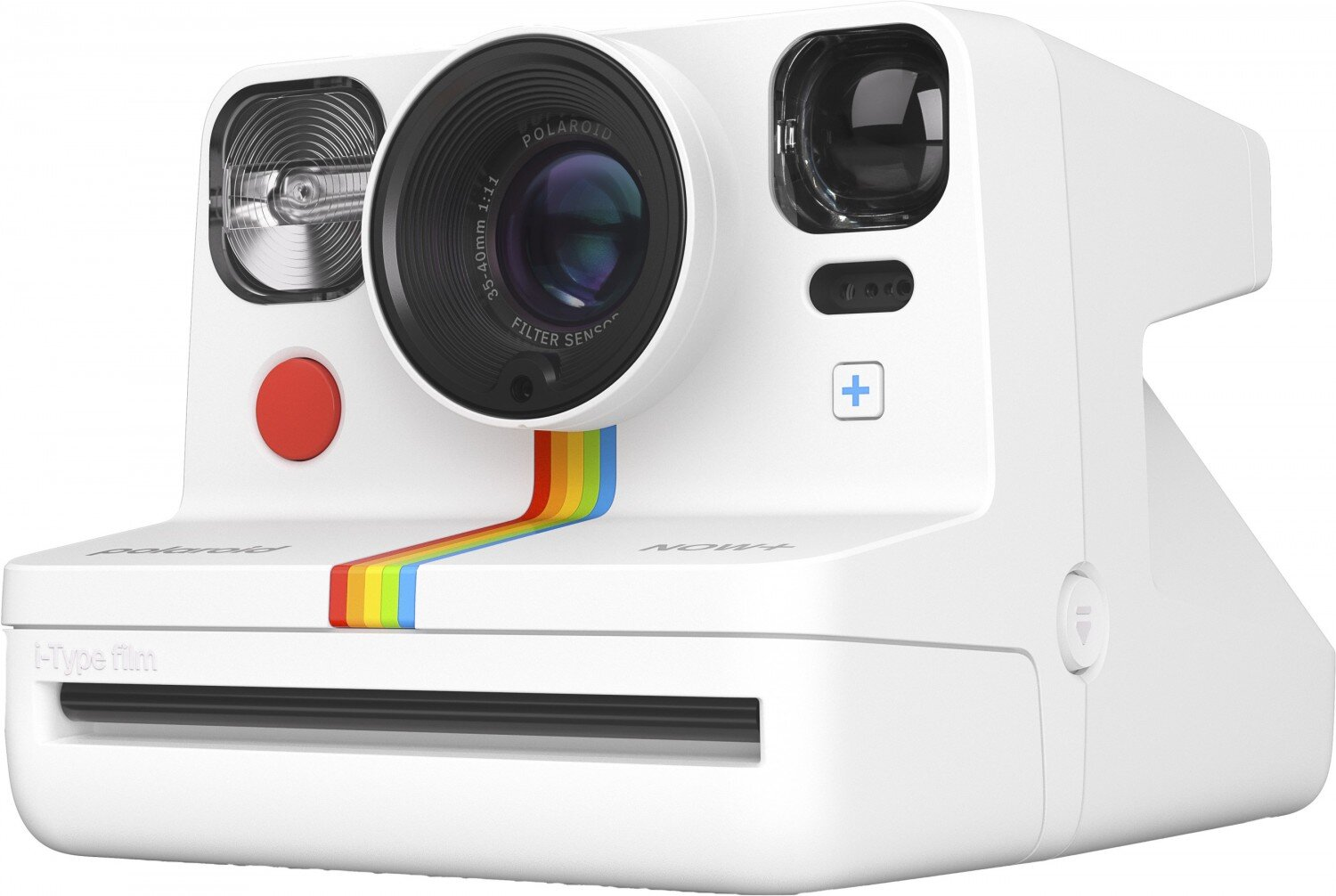Biały aparat Polaroid Now+ z tęczowym paskiem. Obiektyw pośrodku. Czerwony przycisk i lampa błyskowa po lewej.