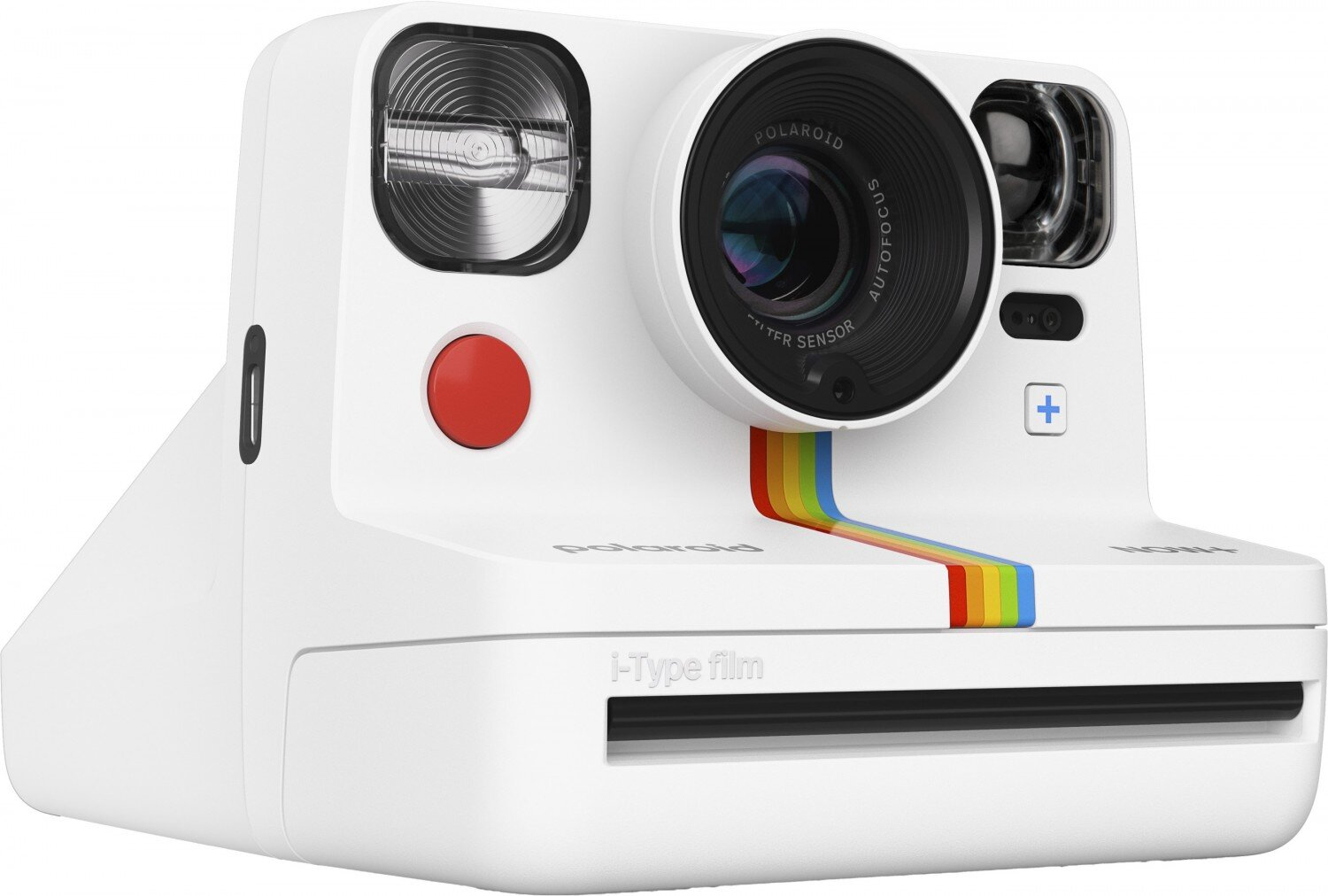 Biały aparat Polaroid z czerwonym przyciskiem, czarnym obiektywem i tęczowym paskiem.