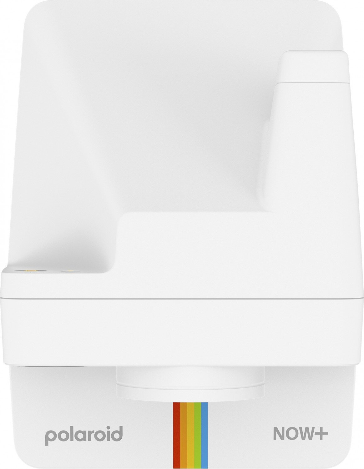 Biały aparat Polaroid z tęczowym paskiem. Widok z przodu, na białym tle.