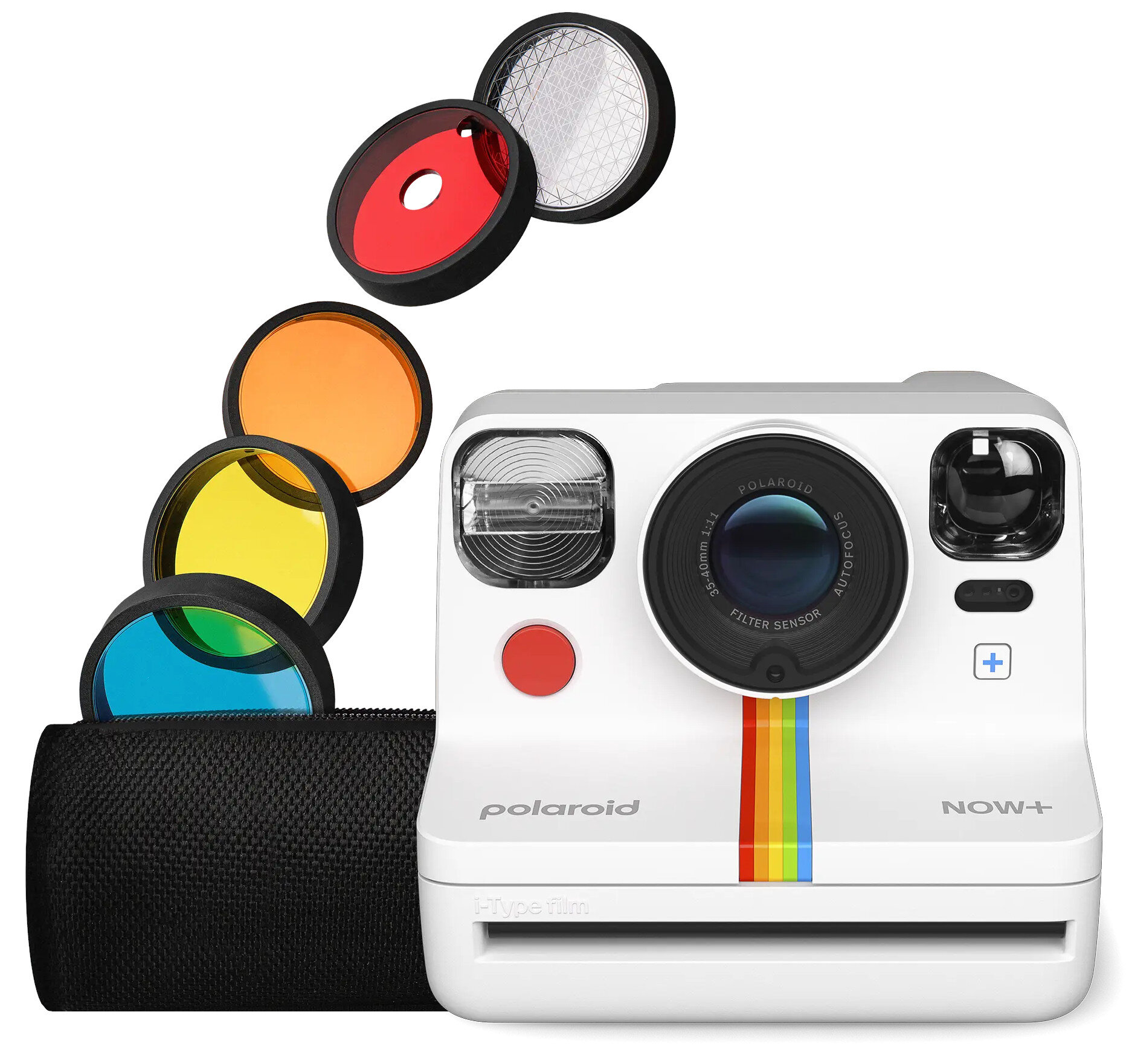 Biały aparat Polaroid z czerwonym przyciskiem, czarnym obiektywem i różnymi filtrami kolorów.