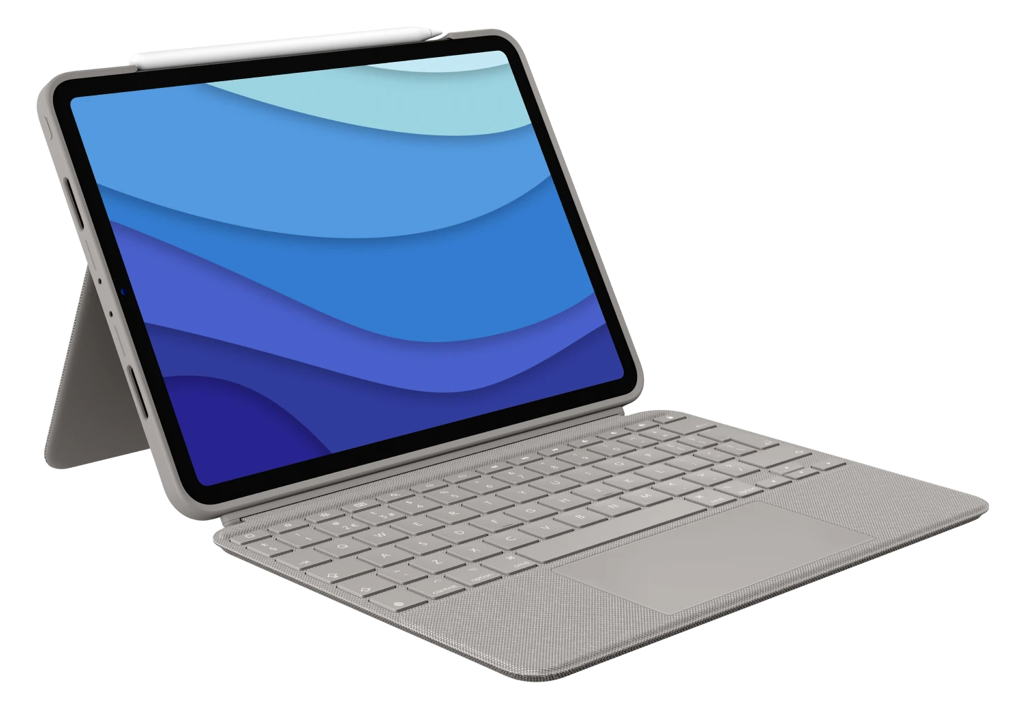 Tablet billentyűzet tokkal és stylusszal, kék absztrakt képet jelenít meg.