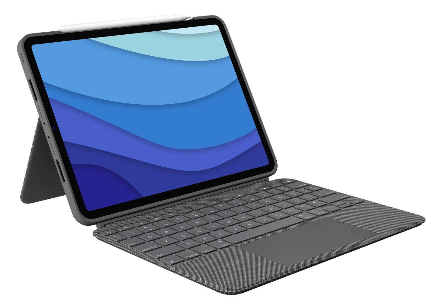 Tablet billentyűzet tokkal és stylusszal. A tablet kék hullámos absztrakt hátteret jelenít meg.