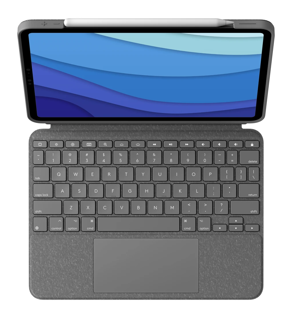 Tablet billentyűzettel és tollal fekete felületen.