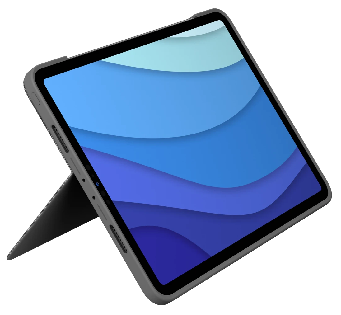 Szürke tablet kék réteges háttérrel. A tokján áll, fekete háttérrel.
