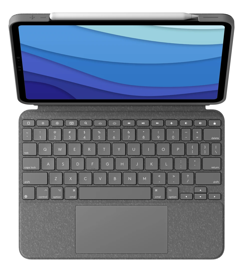 Tablet billentyűzet tokkal és tollal fekete felületen.