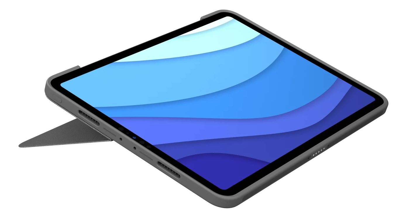 Egy tablet szürke tokban, a képernyővel felfelé.
