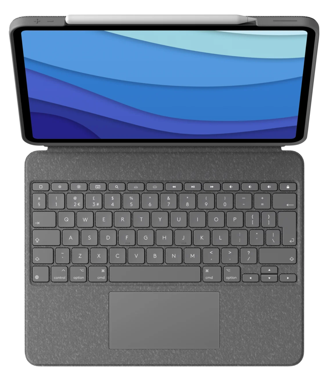 Tablet billentyűzet tokkal; a képernyő kék hullám mintát és egy tollat mutat.