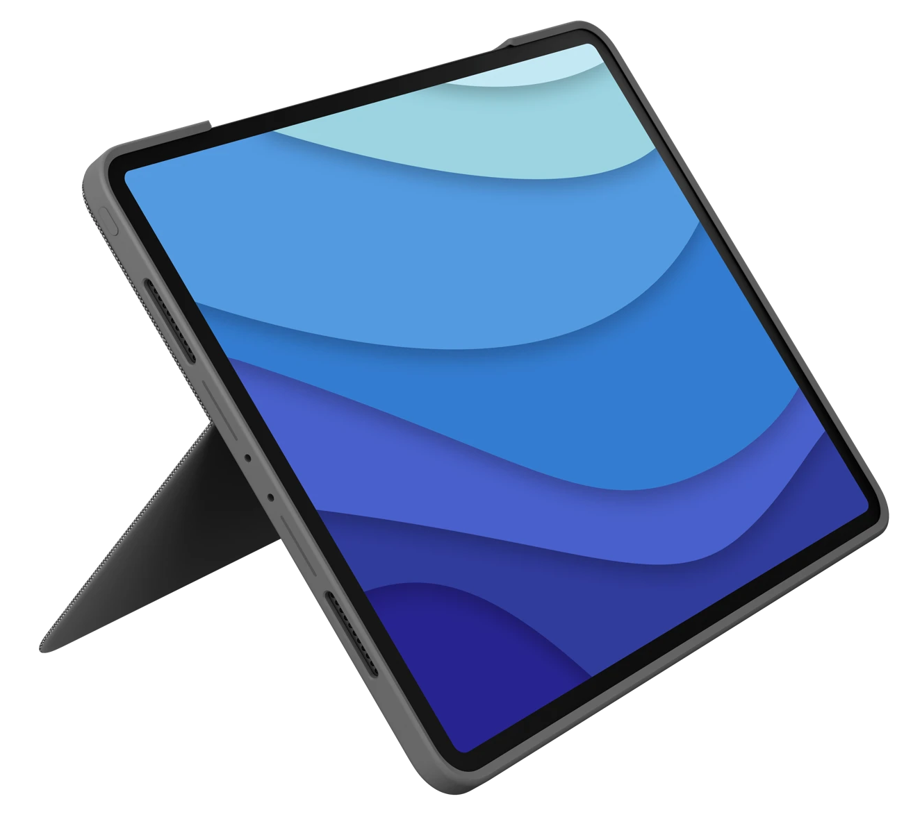Tablet szürke tokban, kék absztrakt háttérrel a képernyőn.