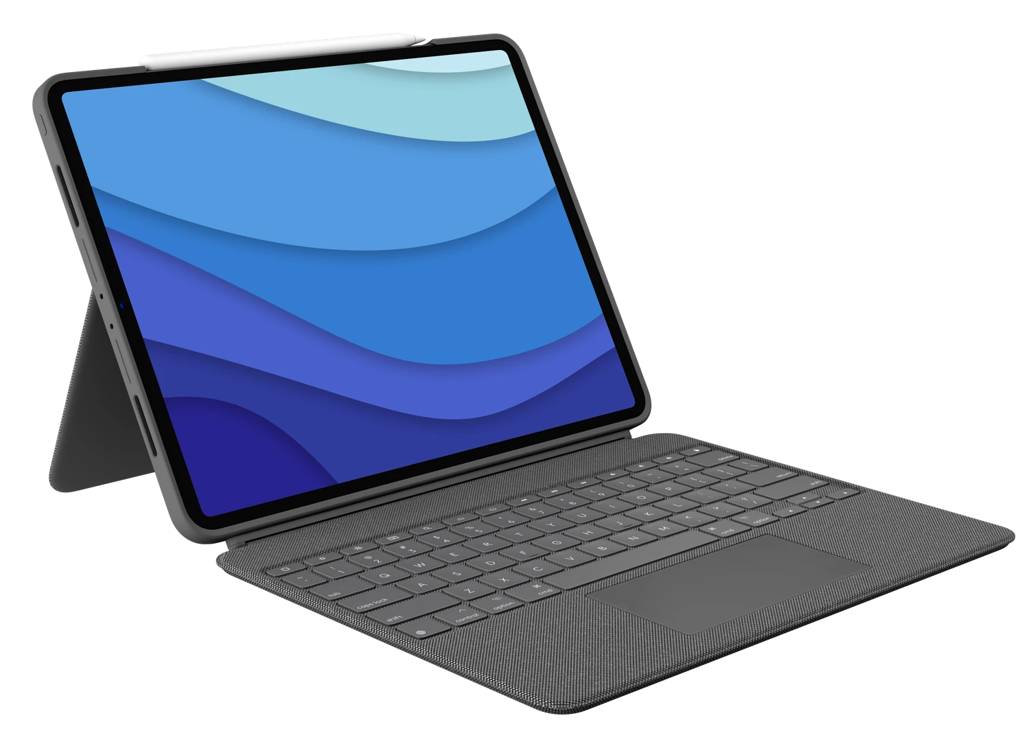 Szürke tablet billentyűzettel és kék képernyővel. Fehér ceruza felül.