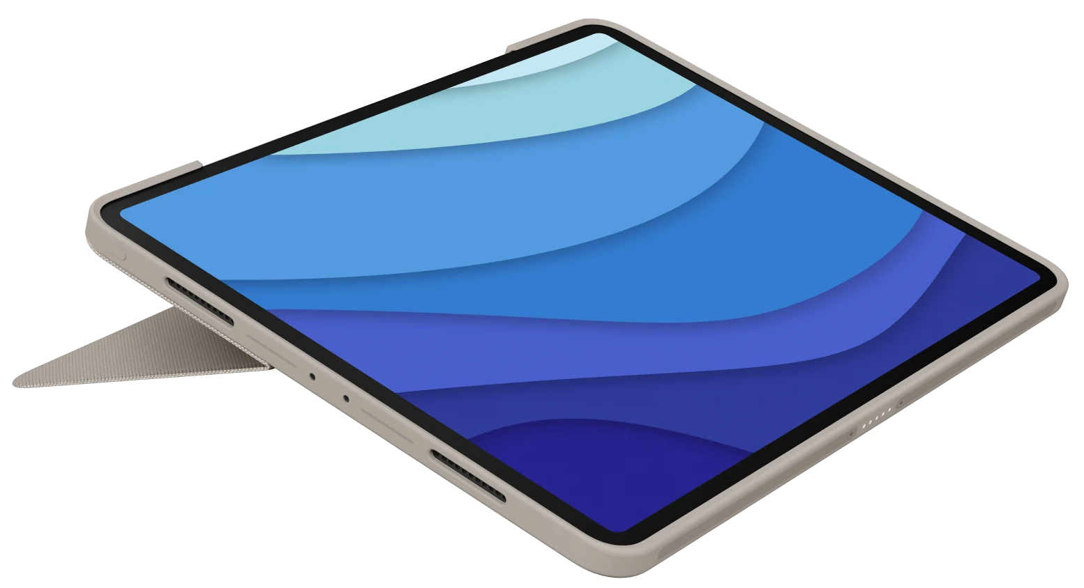 Bézs tablet bézs tokban, kék-fehér képernyővel.